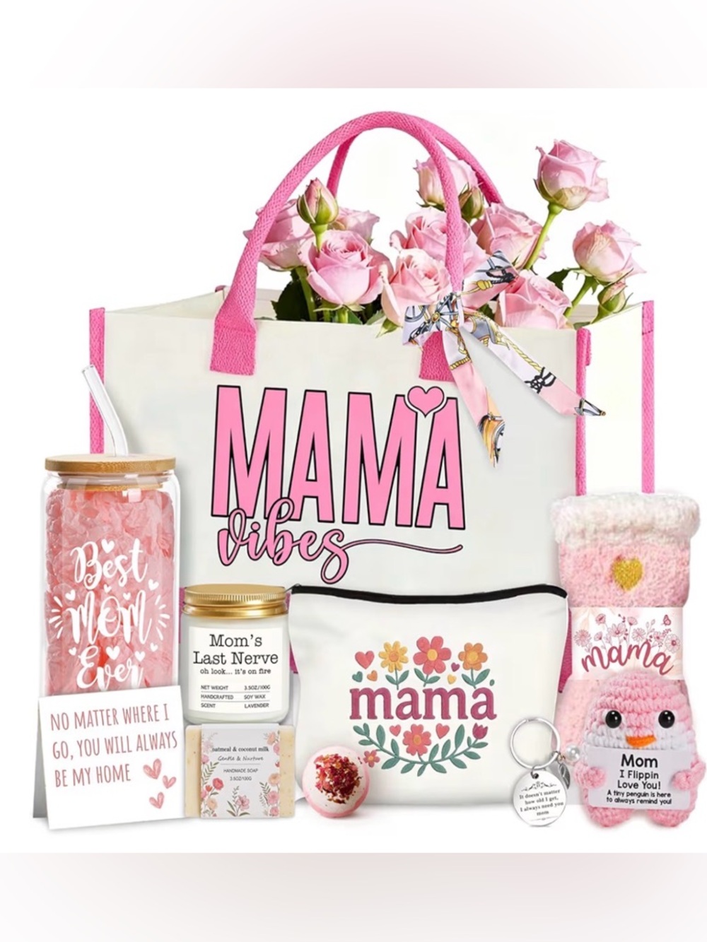 Mama Vibes Pink Tote Bag and Floral Pouch Set